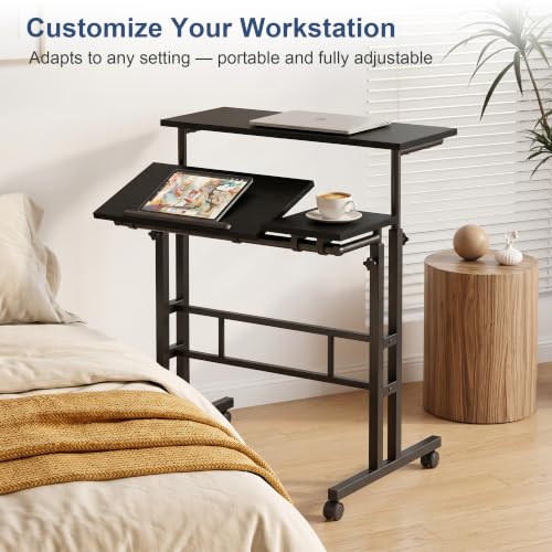VECELO Mobile Small Standing Desk Adjustable Height, Computer Workstations with Tiltable Tabletop, Lockable Wheels, Portable Rolling Laptop Desk for Home Office, Black - color: Black