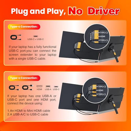 Laptop Screen Extender 0.27" Ultra-Thin, 14" FHD 1080P IPS Dual Portable Monitor, USB-C/HDMI Plug & Play Travel screen extender for 13-17" Laptops, Compatible with Window/Mac/Chrome/Switch/Android - size: 14“ Dual Monitor