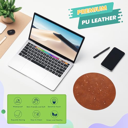 Mouse Pad，Round Mouse Pad，PU Mouse Pad，Leather Mouse Pad with Stitched Edge Micro-Fiber Base with Non-Slip Waterproof，Mouse Pad for Computers，Laptop，9 x 9 Inch (Caramel Brown) - color: Caramel Brown, size: 9L x 9W inches