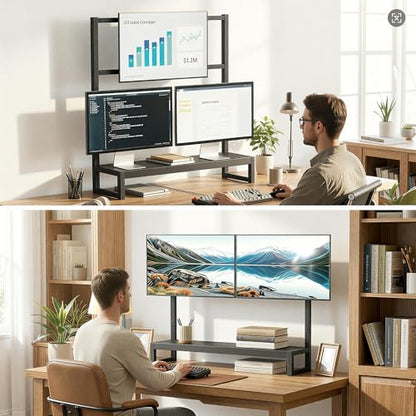 YAOHUOO Computer Monitor Mount Arm with LED, Heavy Duty Fully Adjustable Stand with C-Clamp, Computer Screen Storage Shelf for Office,Living Room