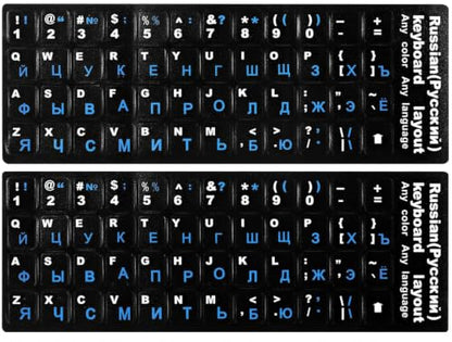 2PCS Russian Keyboard Stickers, Cyrillic Keyboard Letters Replacement Sticker Blue Font with Black Background for PC Computer Laptop Notebook Desktop, Russian-English Keyboard Alphabet Stickers - color: Russian-Blue