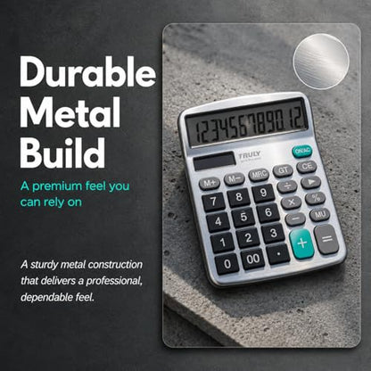 TRULY 12 Digits Desktop Calculator with Large LCD Display and Sensitive Button, Dual Solar Power and Battery, Standard Function for Office, Home, School, Metal Body, 837A Pro Silver - color: Silver