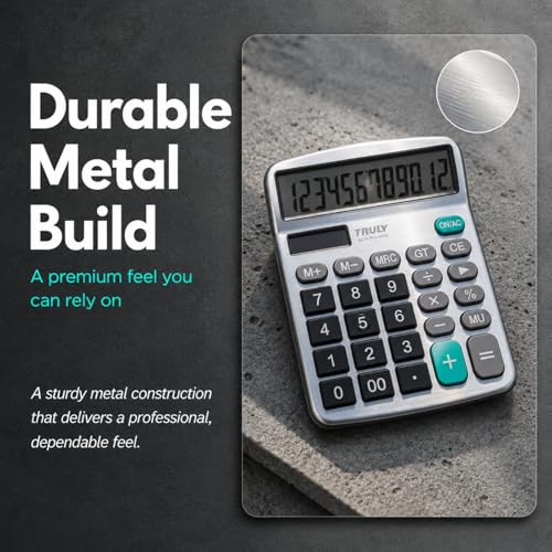 TRULY 12-Digit Desktop Calculator with Large Display, Big Buttons, Dual Power (Solar + Battery), Metal Finish, Ideal for Office, Home, School – 837A Pro Metal 2 Pack Black/Silver - color: Black & Silver