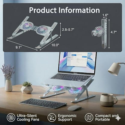 Laptop Cooling Stand with Dual RGB Fans, 7-Level Adjustable Height, Aluminum Ergonomic Laptop Cooler for 11-17'' Notebook (Gray) - color: Gray