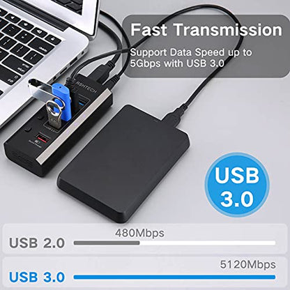 RSHTECH Powered USB Hub with 4 USB 3.0 Data + 1 Fast Charging Port, RSH-A35 | USB Extender Hub with 24W(12V/2A) Power Adapter and Individual On/Off Switches