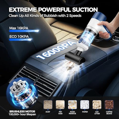 Car Vacuum/Air Duster Portable Cordless - 16000PA High Power Handheld Vacuum with 85,000RPM Brushless Motor, 4-in-1 Rechargeable Mini Vacuum & Blower & Pump for Car Detailing, Home, Office, Pet Hair