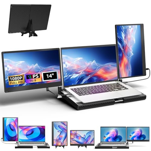 Laptop Screen Extender - 14" Triple Portable Monitor 360 Degrees Rotation IPS FHD 1080P Detachable Screen with Stand for Windows/MacChrome