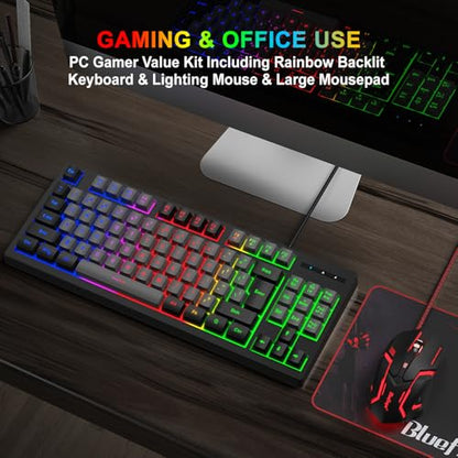BlueFinger RGB 87 Keys Gaming Keyboard and Backlit Mouse Combo, USB Wired Rainbow Keyboard, Gaming Keyboard Set for Laptop PC Computer Game and Work(Black & Gray) - color: Black & Gray