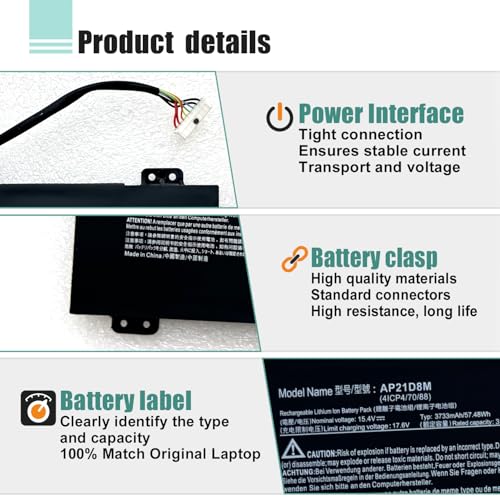 AP21D8M Laptop Battery Replacement for Acer Nitro 5 AN515-46 AN515-47 AN515-58 AN515-58-56CL AN515-58-766R AN515-58-72QR,Nitro V 15 ANV15-51,Nitro 16 AN16-51 Series 57.48Wh 3733mAh - size: 8.28*3.17*0.33inch AP21D8M