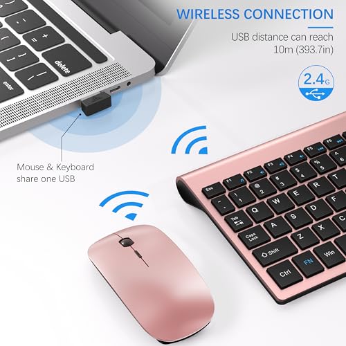 Wireless Keyboard and Mouse Ultra Slim Combo, TopMate 2.4G Silent Compact USB 2400DPI Mouse and Scissor Switch Keyboard Set with Cover, Batteries Included, for PC/Laptop/Windows/Mac - Rose Gold Black - color: Rose Gold Black