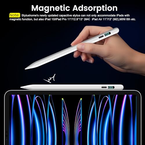 Pencil for iPad 2026-2018, LED Display Fast Charge Stylus Pen | Palm Rejection,Tilt Sensitivity, Compatible for iPad A16 11/10/9/8/7/6, Pro 11"/12.9"/13''/M4, Air M3/M2/5/4/3, Mini 7/6/5 - color: Silver White