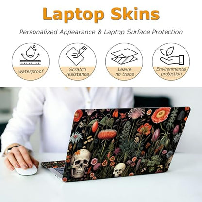 Universal Laptop Skin Sticker with 2 Wrist Pad Decals, 3-Piece Removable Vinyl Laptop Cover, Botanical Flower Skull Waterproof Anti-Scratch, Easy-Trim Fit for 13.3" 14" 15.6" Laptops - color: Botanical Flower Skull