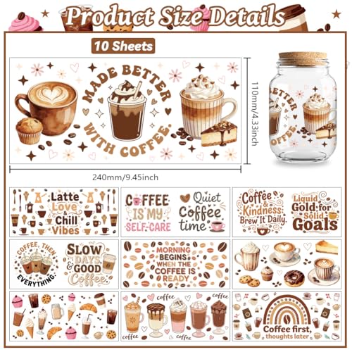 Peacoblue UV DTF Cup Wraps Transfer Stickers Coffee Drinks Pattern, 10 Sheets Waterproof Custom Vinyl Transfer Sticker 16oz Coffee Glass Cup Tumbler Bottle Mug Decals for Men Women - style: Coffee Drinks