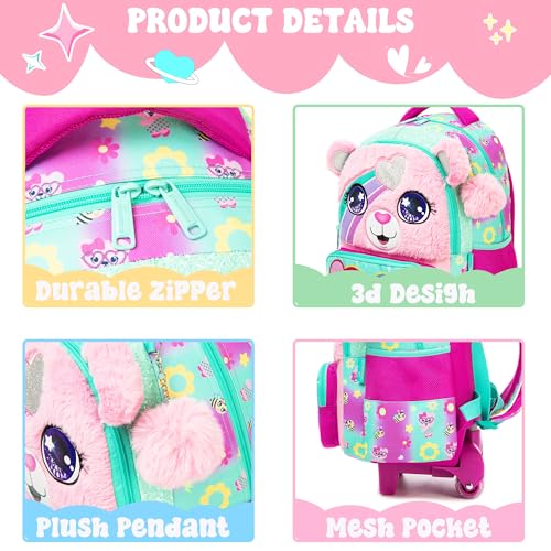 Meetbelify Cute Pink Bear Rolling Backpack with Wheels for Girls School Rolling Backpack Kids Travel Luggage for Girls Ages 5-12 - color: 01 Bear