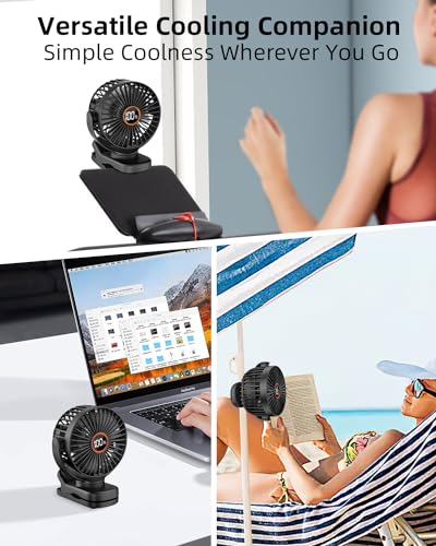 buywoo Portable Mini Personal Fan, Small Rechargeable Battery Powered Stroller Fan for Desk, Strong Clamp Grip, 360° Rotation, 3-Speed, LED Display, Clip On Cooler for Bed, Golf Cart, Office, Black - color: Black