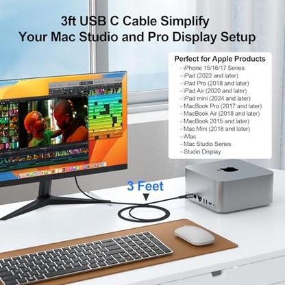 USB C Monitor Cable 3FT, 4K@60Hz Display Video, USB C 3.2 Gen 2x2 with 20Gbps High Speed Data Transfer, 100W Fast Charging Cord for Monitor, Laptop, Phone, Portable SSD, Dock