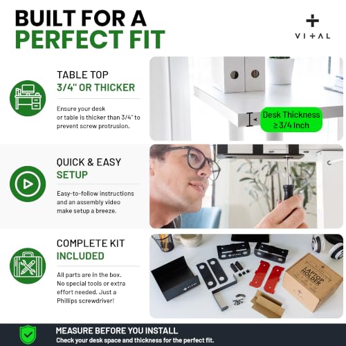 VI+AL Under Desk Laptop Mount - Hidden Metal Shelf with Side Storage, Hook & Cable Organizer - Installs with Tape & Screws - Fits Devices up to 1.7" Thick - Deluxe - style: Deluxe