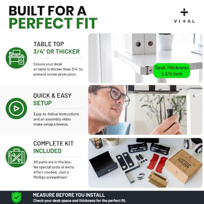 VI+AL Under Desk Laptop Mount - Hidden Metal Shelf with Side Storage, Hook & Cable Organizer - Installs with Tape & Screws - Fits Devices up to 1.7" Thick - Deluxe - style: Deluxe