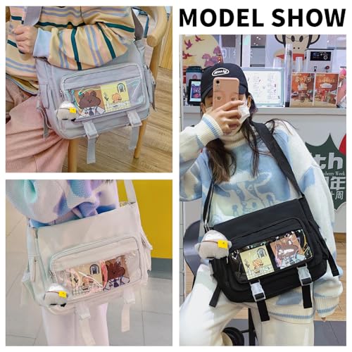Kawaii Crossbody Ita Bag for Women with Pin and Plush Penguin, Cute Messenger Bag Japanese Crossbody Bag Y2K Purse - color: Beige, size: Large-Fit Laptop