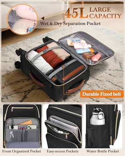 RAINSMORE Carry On Luggage with wheels, Softside Suitcases Set 3 Piece | 22x14x9 Airline Approved, Luggage Sets with Backpack & Toiletry Bag, Rolling Suitcase with TSA Lock, for Travel Weekender - color: Black-Brown