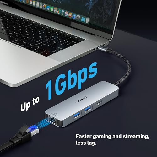 BENFEI 6-in-1 USB C Hub with HDMI(4K@60Hz), 2 USB-A, 1 USB-C Data, 100W Charge, Gigabit Ethernet, Silicone Tangle-Free Cable Compatible with MacBook Pro/Air, iPad Pro, iMac, iPhone 15 Pro/Pro Max - style: 2A1C(6in1)