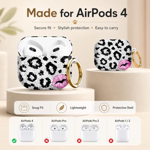 Compatible with AirPod 4 Case 2024, Cute Hard Plastic Protective Cover for Airpod 4th Generation Women, Shockproof Shell Skin with Gold Ring Keychain,Black Leopard Pink Lips - color: Black Leopard Pink Lips