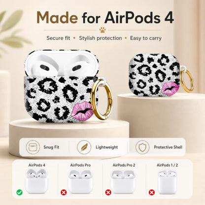 Compatible with AirPod 4 Case 2024, Cute Hard Plastic Protective Cover for Airpod 4th Generation Women, Shockproof Shell Skin with Gold Ring Keychain,Black Leopard Pink Lips - color: Black Leopard Pink Lips