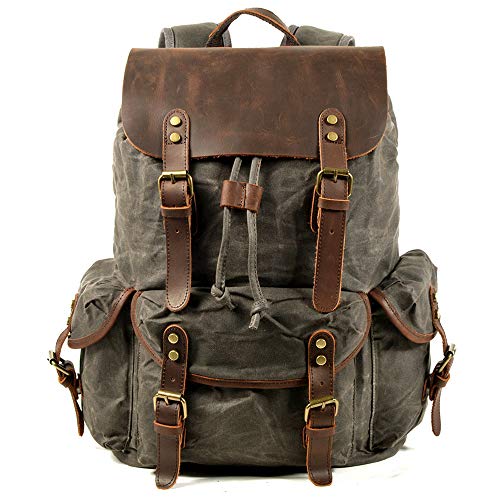 WUDON Leather Backpack for Men, Waxed Canvas Shoulder Rucksack Carry-On Travel Backpack - color: Grey-regular