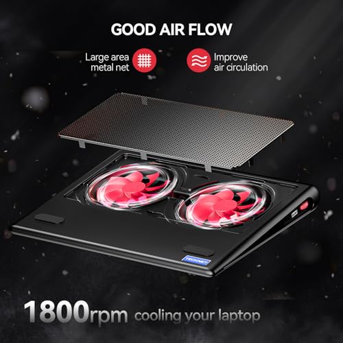 TECKNET Laptop Cooling Pad - 12"-15.6" Laptops Cooler, Powerful Cooler and Ultra Quiet for Gaming Laptops Pad, 2 Wind Speed Adjustable, USB A & C Powered Cooler Stand with Laptop Fan LED (Red) - color: Red