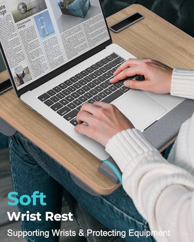 Potuopy Lap Desk - Up to 17” Laptop with Wrist Rest, Portable Handle, 2 Self-Adhesive PVC Mouse Pads, Tablet & Phone Slots, Laptop Stand for Bed with Cushion (Dark Brown Woodgrain) - color: Dark Brown Woodgrain