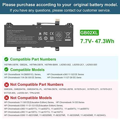 Notebook Battery GB02XL for HP Chromebook 14-DB0051CL x360 11 G2 EE Chromebook 11A G6 G8 EE Chromebook 11 G7 G8 EE Series