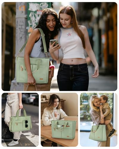 Tuwubi Canvas Tote Bag for Women, Large Tote Bag with Zipper & Compartments for Travel Work College Teacher Nurse - color: Muted Green
