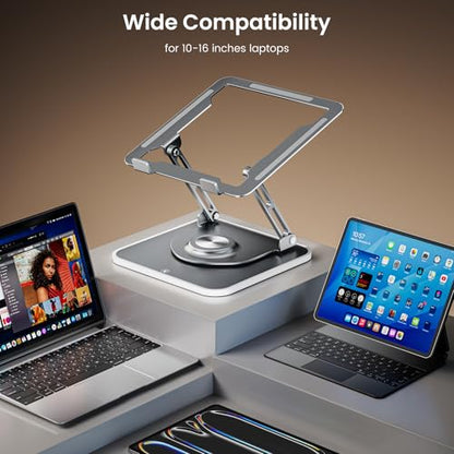 JOYEKY Adjustable Laptop Stand with RGB Lighting,Aluminum Ergonomic Computer Stand with 360° Rotating Base,Foldable & Portable Laptop Riser, Suitable for All 10-16” Laptops (Grey) - color: RGB-Grey