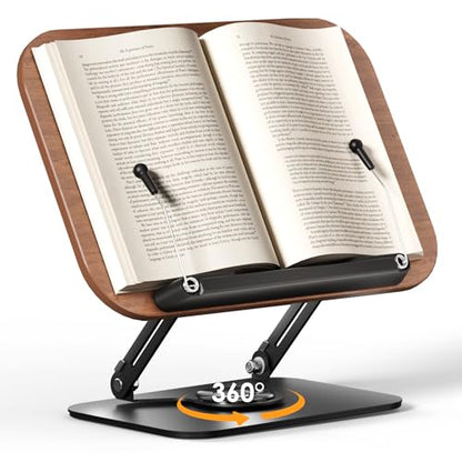 Book Stand for Reading, Adjustable Book Holder with 360° Rotating Bases, Foldable Designs, and Elastic Clips, Multifunctional Display Stand for Recipe, Cookbooks, Magazines, Tablets, Laptops - color: Dark Wood