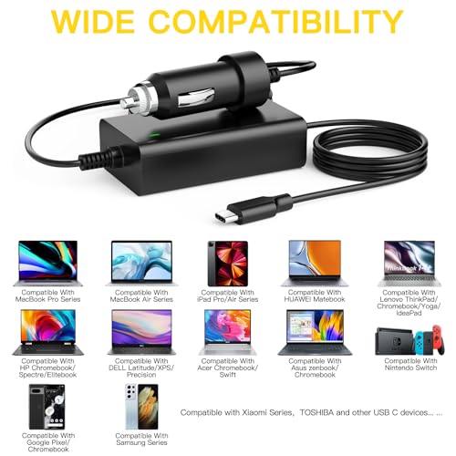 100W USB-C Laptop Car Charger for Dell Latitude/XPS/Precision,MacBook Pro | Air,for HP Spectre/Elitebook,for Lenovo ThinkPad/Yoga/IdeaPad,Acer Chromebook,Google,for Samsung,Zenbook,Car Laptop Charger