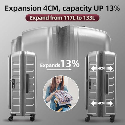 Kaleenie 29 Inch Checked Luggage with Expansion and Side Opening | Expandable Lightweight ABS+PC Hardshell Trunk Suitcase,360° Universal Wheels,YKK Zipper,50 * 31(35)*76cm, 117L~133L,Grey - color: Dark Gray, size: 29 Inch