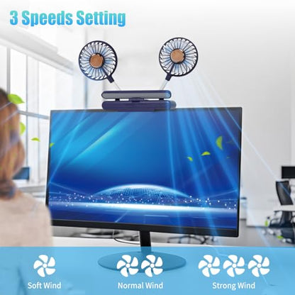 Desktop Fan with LED Lights, Monitor Clip on Fan with 2 Rotatable Heads, 3 Speeds Office Desk Fans Small Quiet Sturdy Adjustable Clamp, Strong Wind Personal Cooling Fans for Laptop, Desktop. - color: Blue Fan with Lights