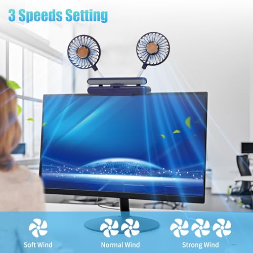 Desktop Fan with LED Lights, Monitor Clip on Fan with 2 Rotatable Heads, 3 Speeds Office Desk Fans Small Quiet Sturdy Adjustable Clamp, Strong Wind Personal Cooling Fans for Laptop, Desktop. - color: Blue Fan with Lights