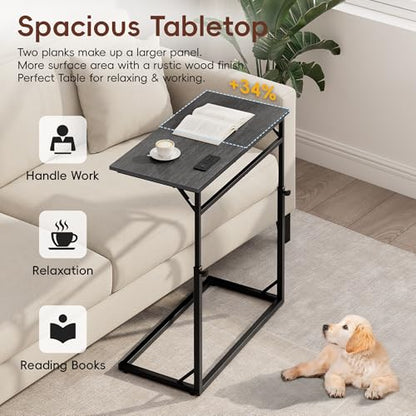 C Shaped End Table with Charging Station, Large C-Table End Table Adjustable Height Side Table for Couch, Sofa Table Slide Under Couch Table TV Tray Table for Living Room, Bedroom,Gray Walnut - color: Gray Walnut, style: With Plug