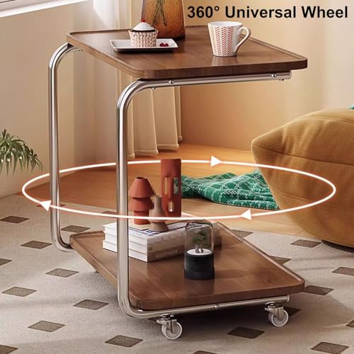 Overbed Table with 360 Wheels Panel Bedside Table, Modern Minimalist Sofa Side Table, U Shaped Built in Side Table, Double Shelf, for Bed, Sofa(Brown) - color: Brown