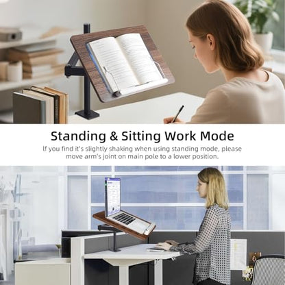 Adjustable Book Stand with Desk Clamp Mount, Wooden Reading Holder with Metal Arm, Black