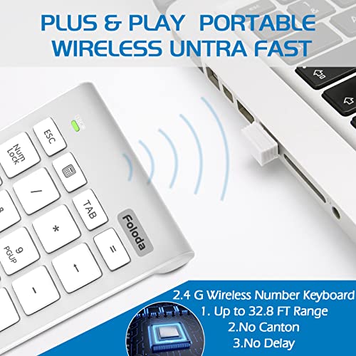 Foloda Wireless Number Pad, 10 Keys USB Keypad for Laptop, 22 Keys Extensions Numeric Numpad Computer Laptop Accessories for PC Desktop Surface Pro Notebook - color: White