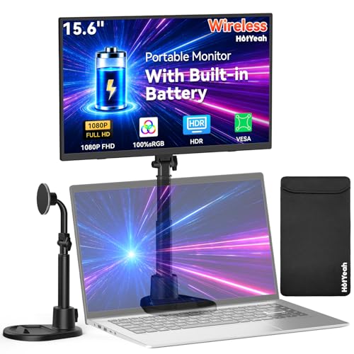 Wireless Portable Monitor Battery-Powered, Support AirPlay Miracast, 15.6" 1080P Monitor USB-C HDMI External Display w/Stand Bag, 2nd Screen for Laptop MacBook PC Phone Tablet, Built-in Battery(4- 5H) - size: 15.6-inch