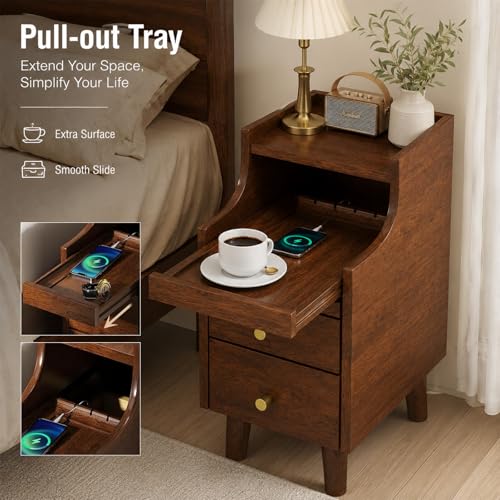 POWERSTONE Narrow Nightstand with 2 Drawers Set of 2, Solid Wood Bedside Table with Pull Out Tray & Cable Hole & Slots, Slim End Side Table for Small Spaces Bedroom, Living Room, Brown - color: Brown