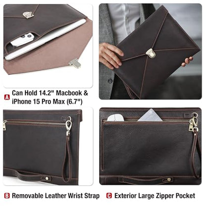 Top Grain Leather 14.2" Slim Laptop Bag Case, Envelope Style, Removable Wristlet & 3 Pockets, Fits MacBook Pro 14 Inch 2021 2022 M1 Pro/M1 Max A2442 & Other Laptop, Black Coffee 14.2 Inch - color: #7【Envelope Style】-Black Coffee-3 Pockets, size: 14.2" - F