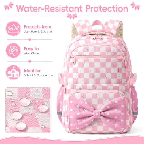 WOBAGMEN Printed Backpack for Adult Women with Bow| Water-Resistant Printed school bag, Spacious Storage for Elementary and Middle School Students（Pink Gingham） - color: Pink Gingham