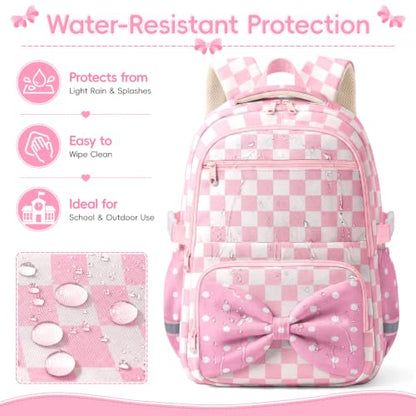 WOBAGMEN Printed Backpack for Adult Women with Bow| Water-Resistant Printed school bag, Spacious Storage for Elementary and Middle School Students（Pink Gingham） - color: Pink Gingham