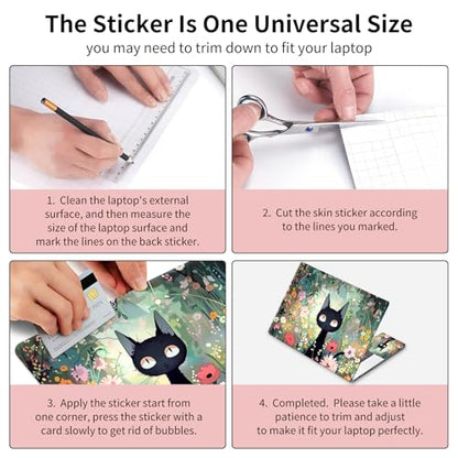 Laptop Skin Sticker 3-Piece Set,Black Cat Among Flowers | Trim-to-fit 3-piece vinyl set with one 15 x 10.6 in lid skin and two palm-rest decals for many 12-15.6 in laptops - color: Black Cat Among Flowers