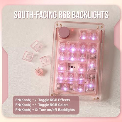 KiiBoom Phantom 21 Hot Swappable Crystal Acrylic Numpad, BT5.0/2.4GHz/USB-C Triple Mode NKRO Programmable Numeric Keypad with Knob, South-Facing RGB, 1900mAh Battery for Win/Mac (Pink)