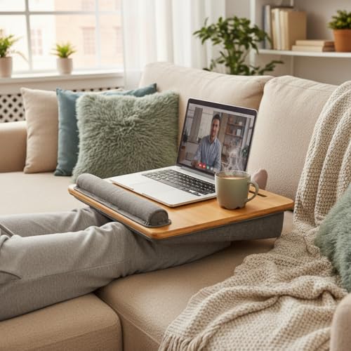 Bamboo Lap Desk for Laptop with Cushion Tablet Phone Holder Handle | Laptop Stand with Anti-Slip Strip Fits up to 15.6 inch Portable Computer Lap Desk for Couch, Bed & Car - size: 16.5"x13.4" Fixed